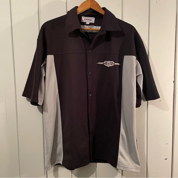 Y2K Suzuki Boulevard Men’s Button Shirt Short Sleeve Gray/Black Mechanic Large - Picture 1 of 8